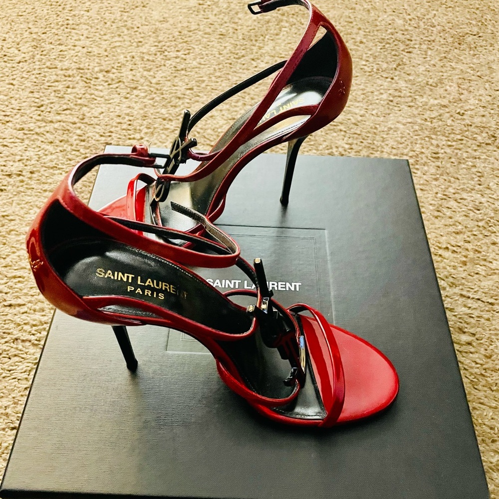 Yves Saint Laurent Red Patent Leather Strappy Heels - Picture 9 of 16